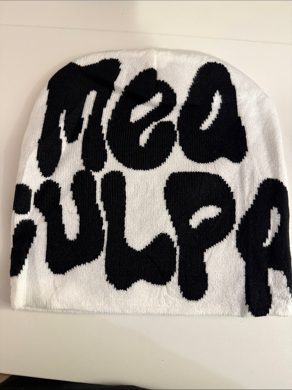 Unisex Mea Culpa Black and White graphic knit beanies New